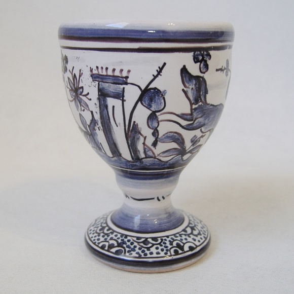 Egg Cup Estrela De Conimbriga Portugal Pottery Vintage Floral Flowers Dog Signed - Picture 2 of 8